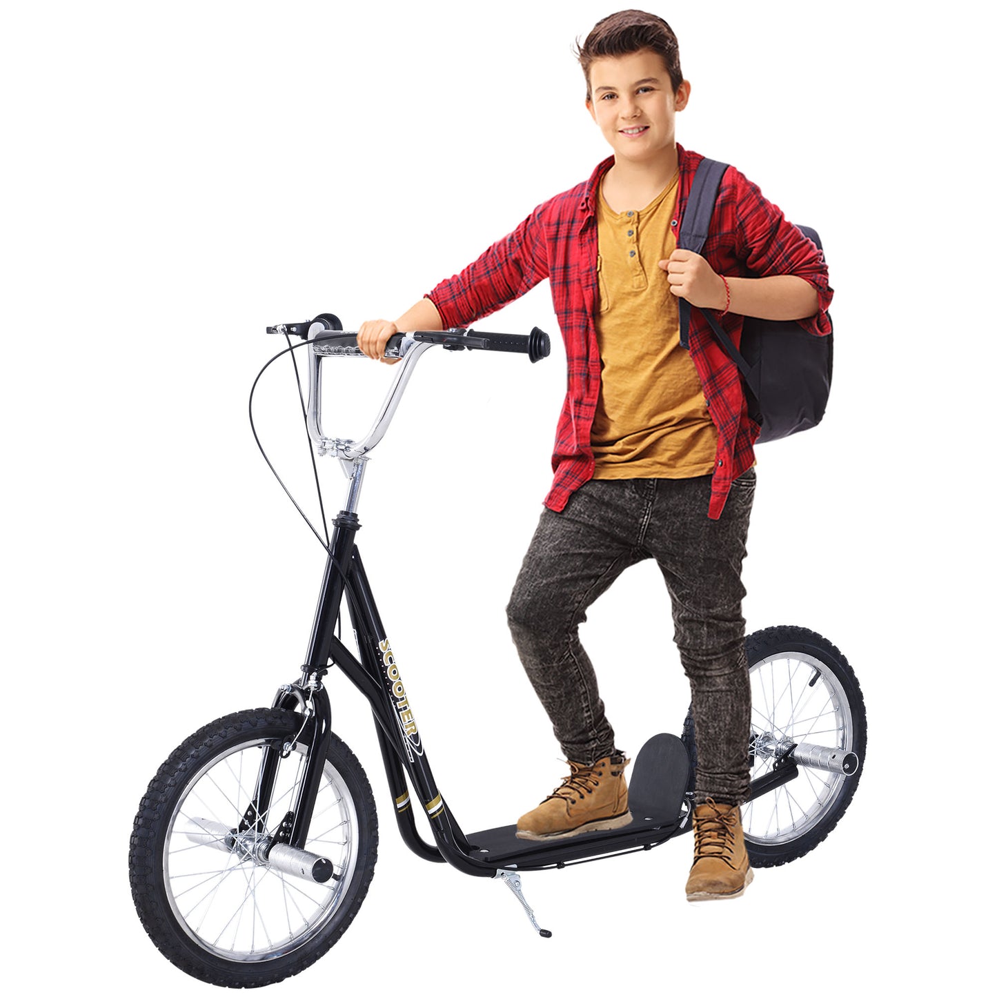 Stunt Scooter, Kids Scooter with 16" Big Wheels, Adjustable Height, Dual Brakes, for Ages 5+ Years, Black
