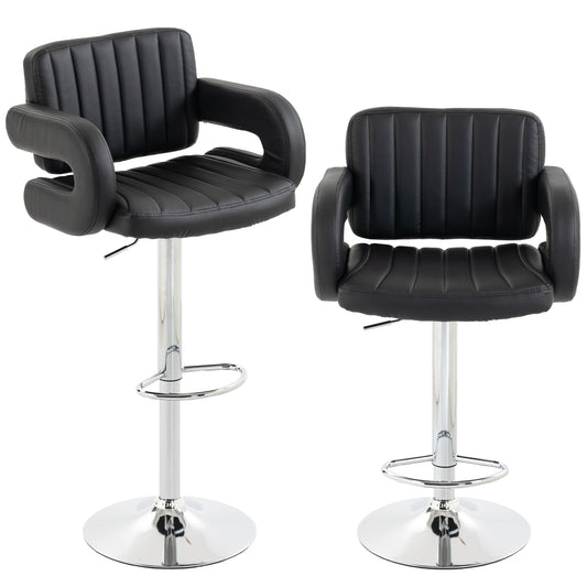 Bar Stools Adjustable Swivel Kitchen Chairs with Backrest Armrest Set of 2 PU Leather Black