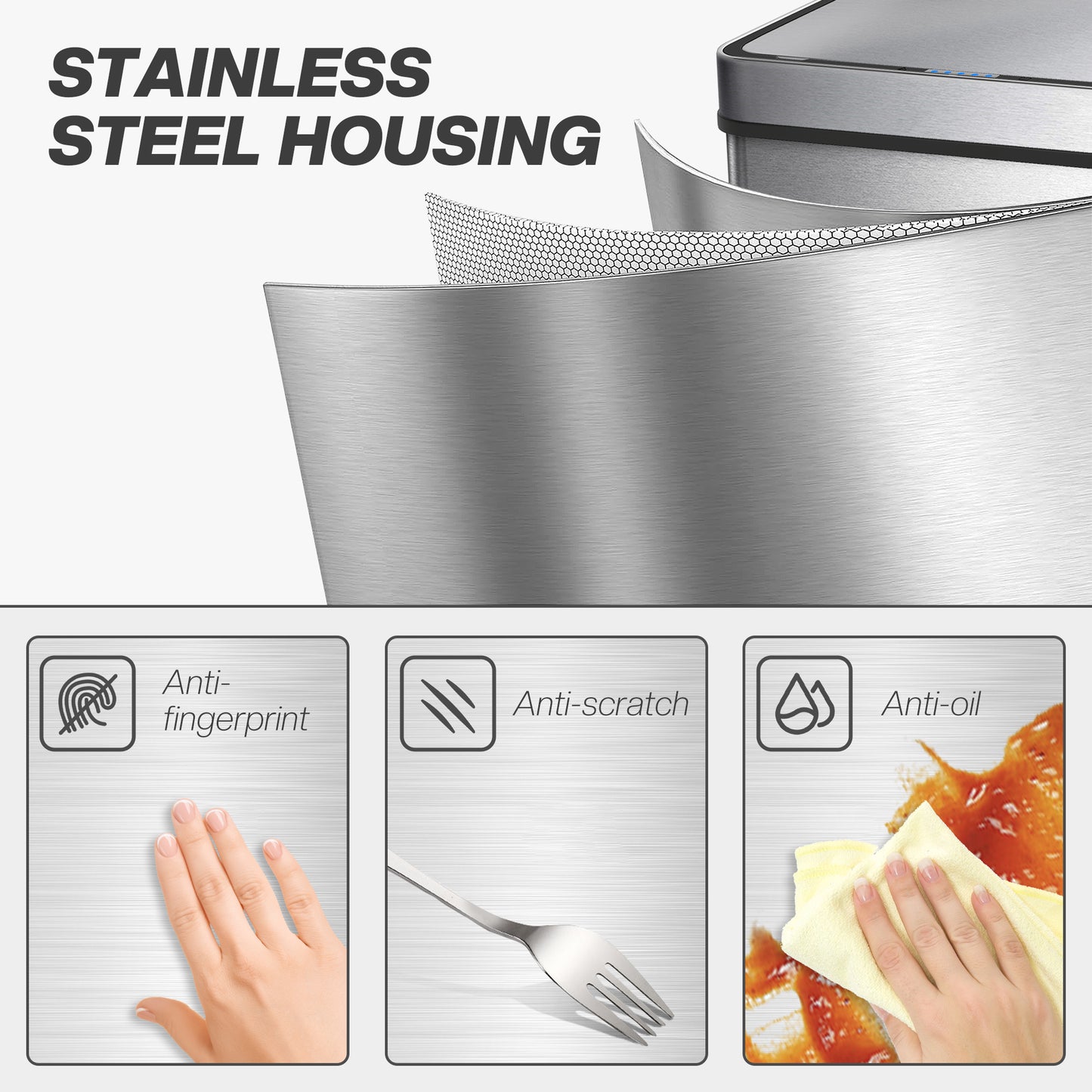 50 L Sensor Can, Sensor Bin with Soft-Close Lid, Fingerprint-Proof Stainless Steel, Silver Tone