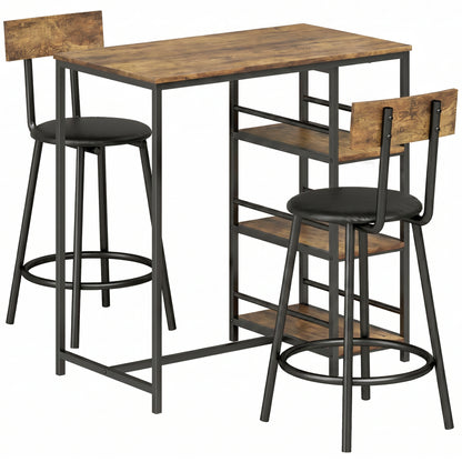 Space Saving Bar Table and PU Leather Stools for 2, 3 Piece Breakfast Bar Table Set with Storage Shelves, Rustic Brown