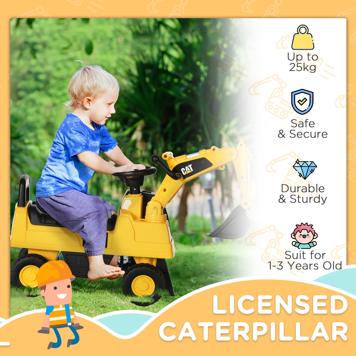 CAT Licensed Kids Ride on Digger Toddler Pretend Construction Play Toy Foot-To-Floor Ride-On Toy w/ Manual Shovel, Horn