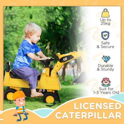 CAT Licensed Kids Ride on Digger Toddler Pretend Construction Play Toy Foot-To-Floor Ride-On Toy w/ Manual Shovel, Horn