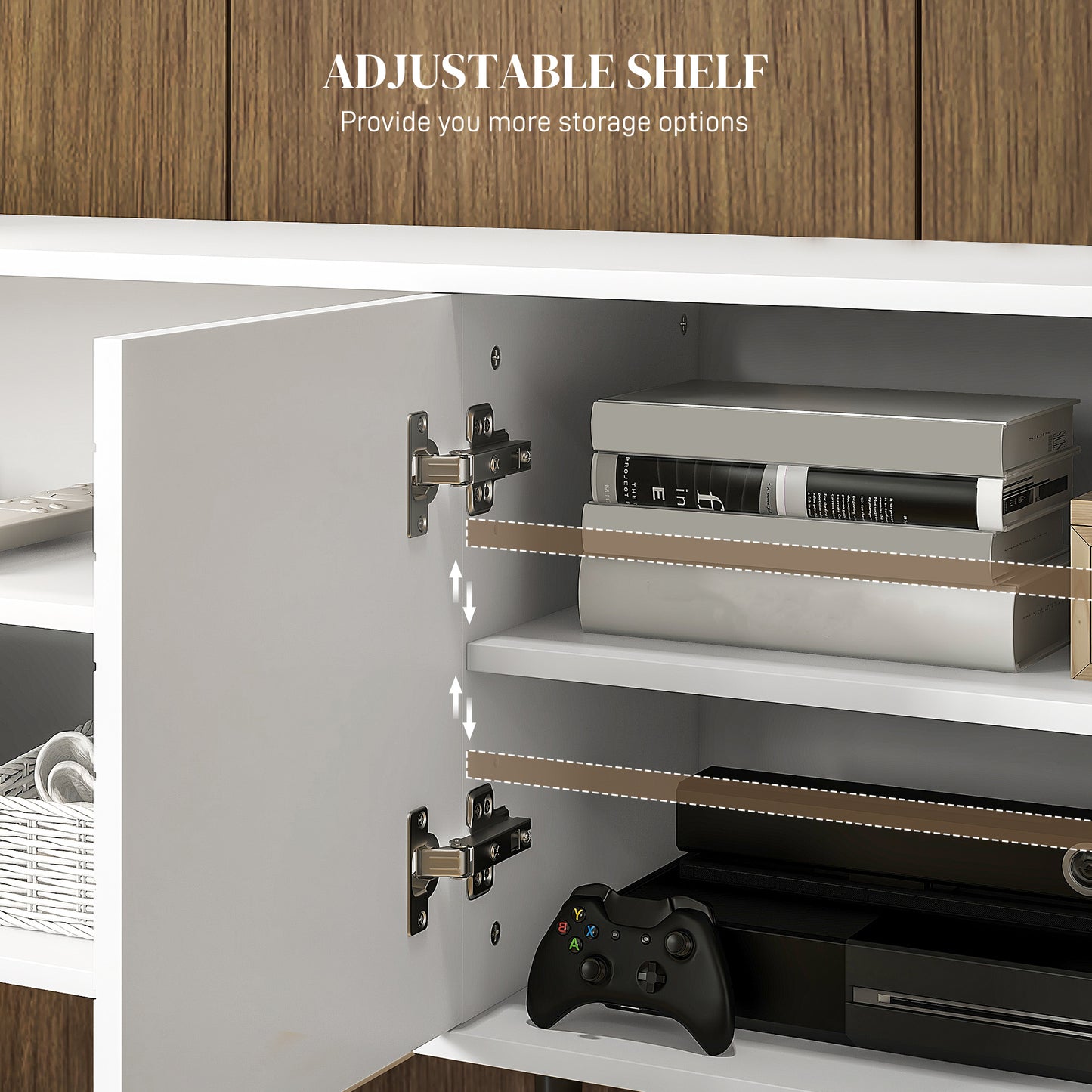 TV Stand with Cupboard, Open Shelves, Striped Doors, Wooden legs, White