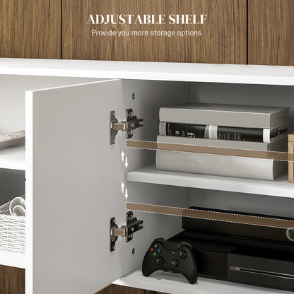 TV Stand with Cupboard, Open Shelves, Striped Doors, Wooden legs, White