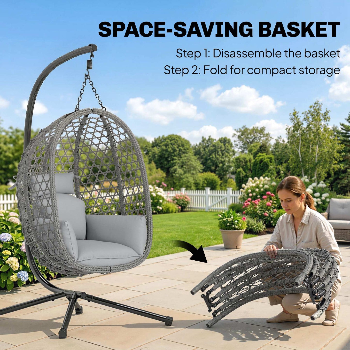 Hanging Egg Chair, Indoor Outdoor Rattan Hammock Swing Chair with Stand, Safety Strap, Foldable Basket, Dark Grey