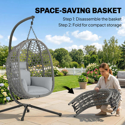 Hanging Egg Chair, Indoor Outdoor Rattan Hammock Swing Chair with Stand, Safety Strap, Foldable Basket, Dark Grey