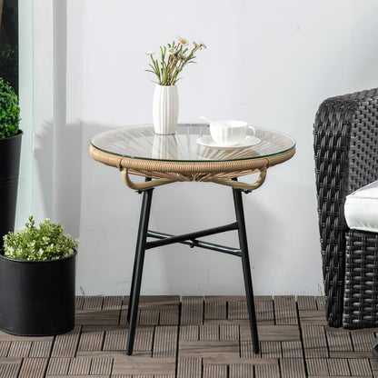 Rattan Side Table, Round Outdoor Coffee Table, with Round PE Rattan and Tempered Glass Tabletop for Patio, Garden, Balcony
