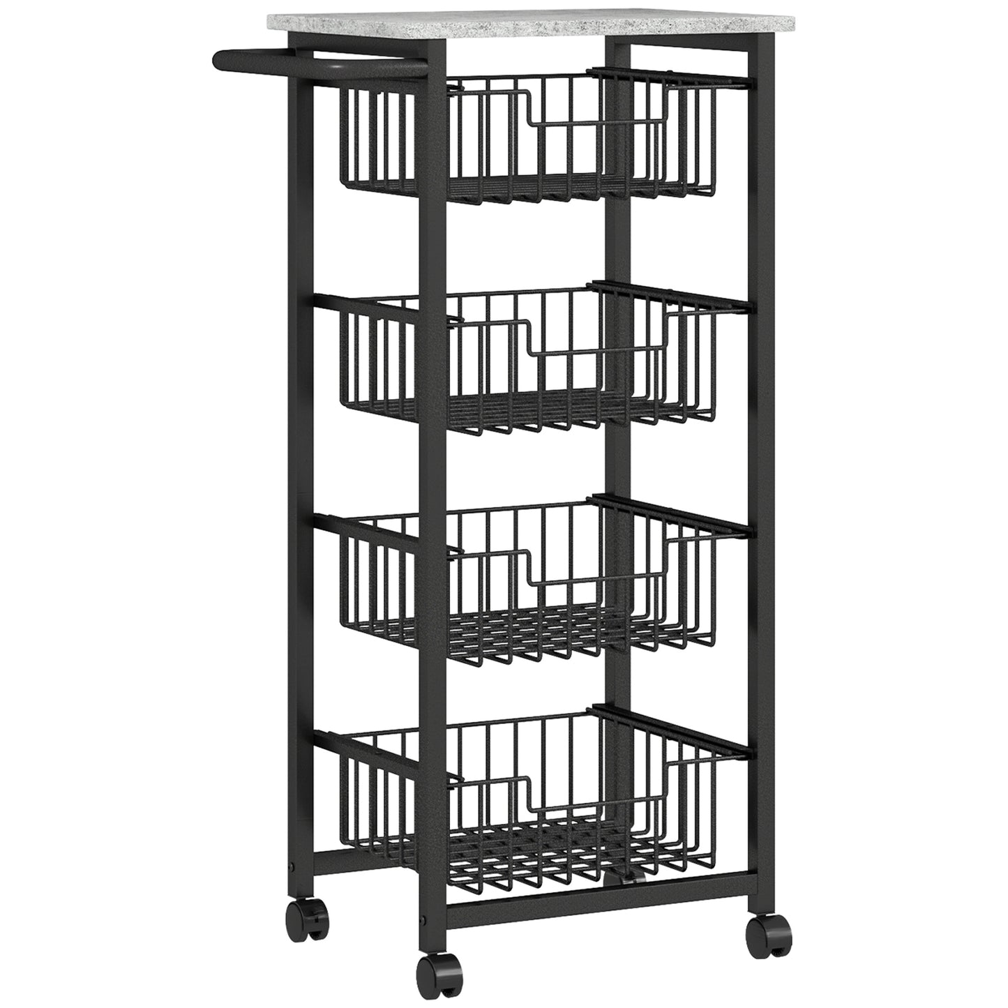 Four Basket Mobile Kitchen Island, with Brakes - Grey/Black