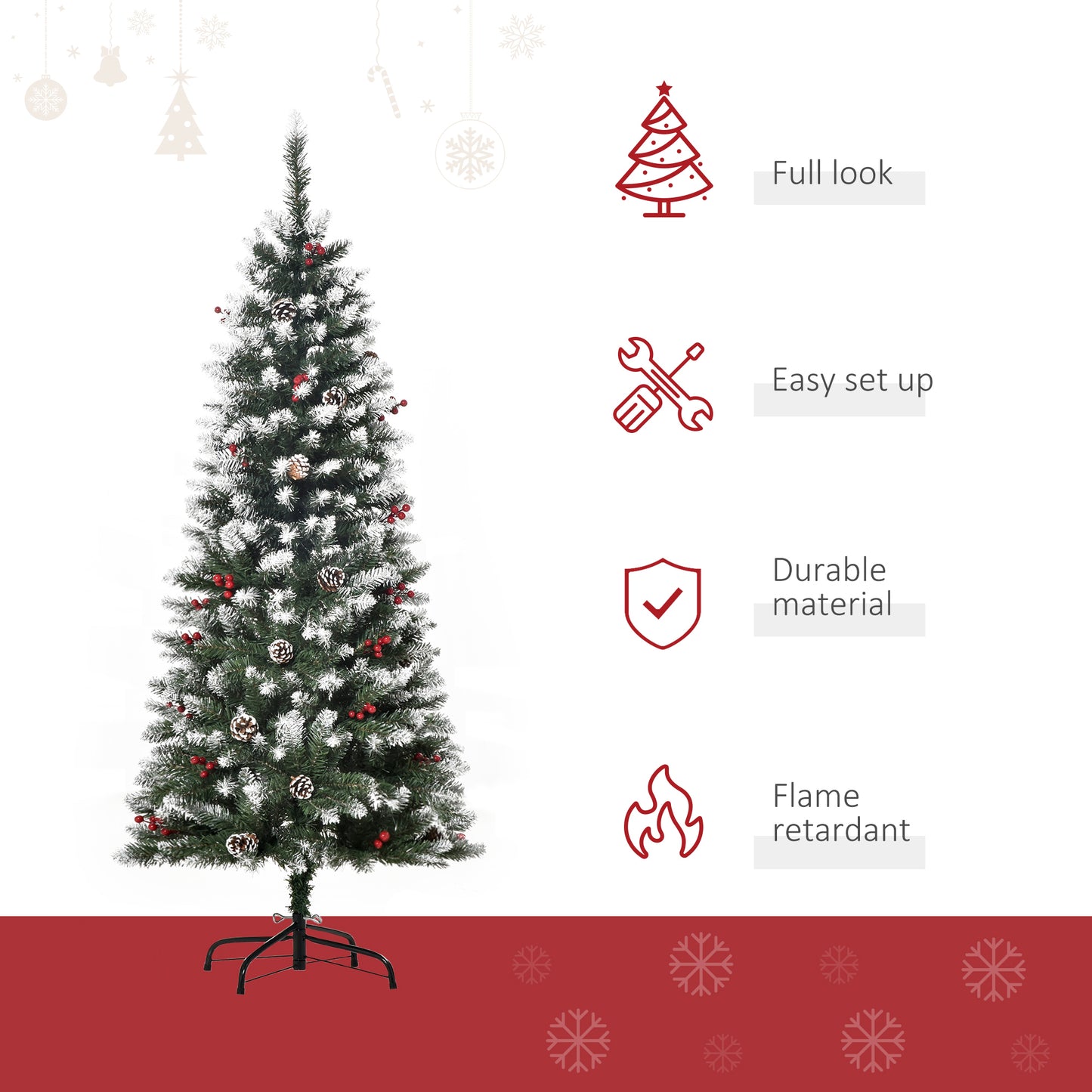 5FT Artificial Christmas Tree Xmas Pencil Tree with Red Berries and Pinecones Holiday Home Indoor Decoration with Foldable Fe