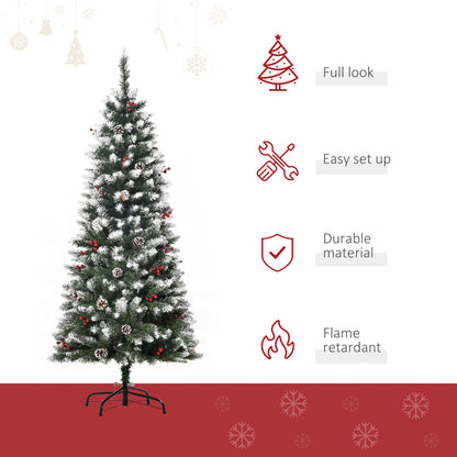 5FT Artificial Christmas Tree Xmas Pencil Tree with Red Berries and Pinecones Holiday Home Indoor Decoration with Foldable Fe