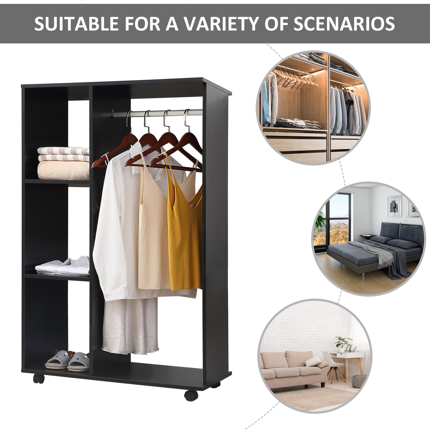 Open Wardrobe on Wheels, Bedroom Wardrobe with Clothes Hanging Rail, 3 Storage Shelves, Mobile Garment Rack for Cloakroom