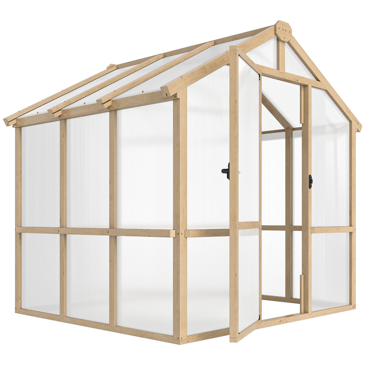 6.6 x 6ft Polycarbonate Greenhouse, Walk-in Wooden Greenhouse with Lockable Door and Window, Garden Plants Grow House, Brown