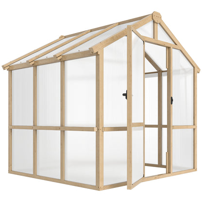 6.6 x 6ft Polycarbonate Greenhouse, Walk-in Wooden Greenhouse with Lockable Door and Window, Garden Plants Grow House, Brown