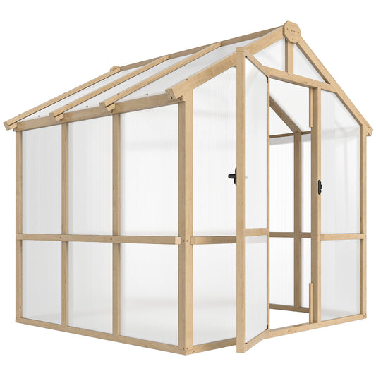 6.6 x 6ft Polycarbonate Greenhouse, Walk-in Wooden Greenhouse with Lockable Door and Window, Garden Plants Grow House, Brown