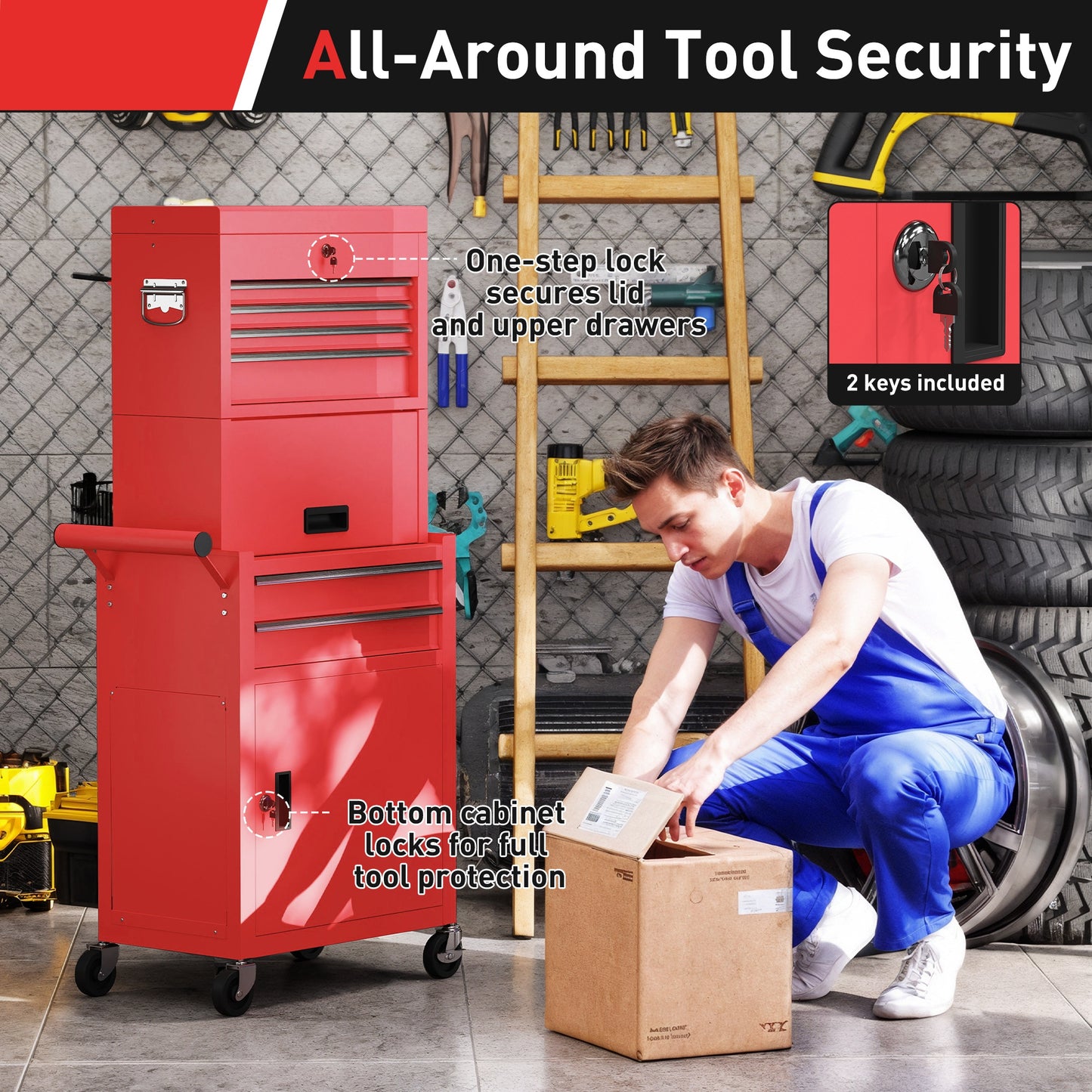 Three-Part Steel Locking Tool Chest - Red
