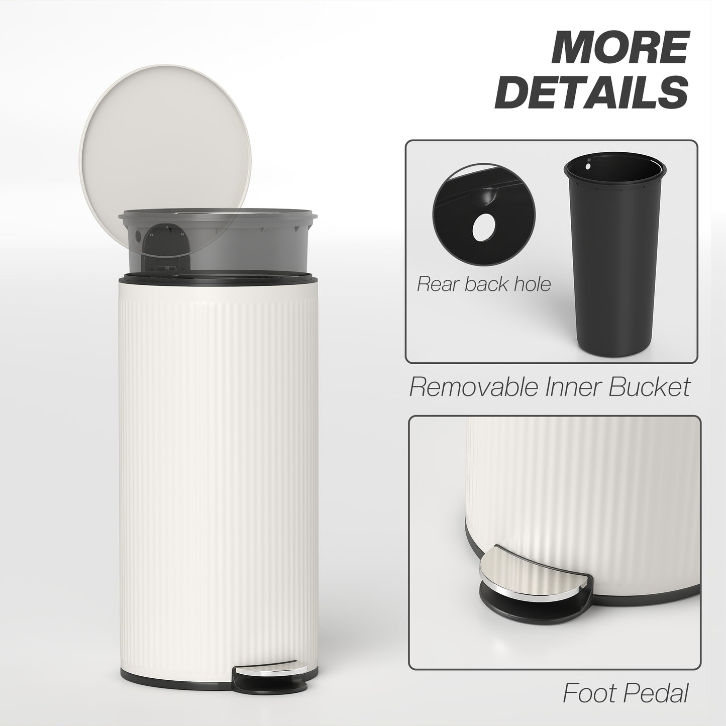 Kitchen Bin, 30 Litre Pedal Rubbish Bin with Removable Bucket, Cream
