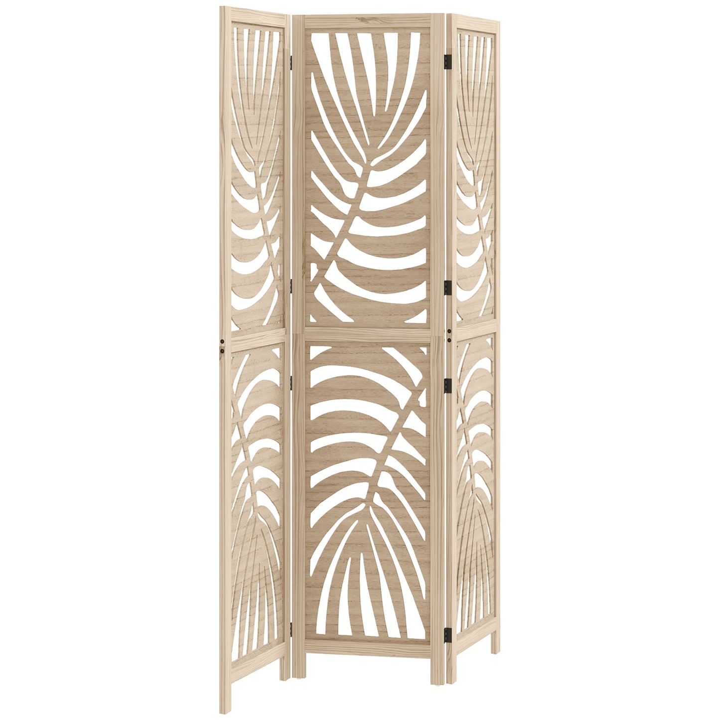 3 Panel Room Divider, Detachable Folding Privacy Screens with Palm Leaf Design for Home Office, Natural Wood Finish