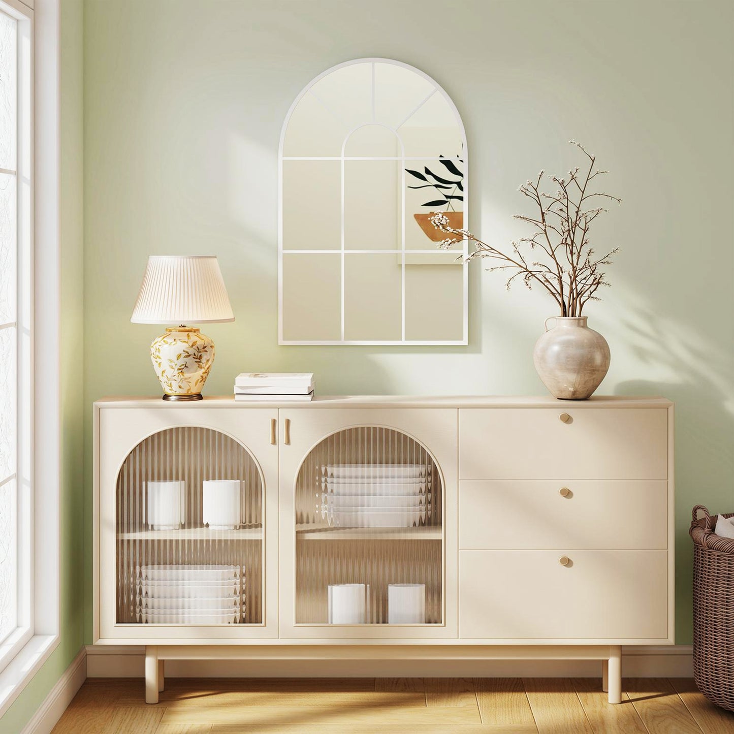 90 X 61cm Arched Grid Mirror - White