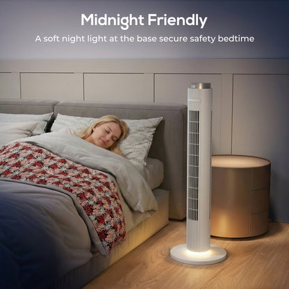 96 cm Tower Fan with WiFi App Control, Standing Floor Fan with 3 Speed 4 Modes, 12 Hour Timer and Night Light White