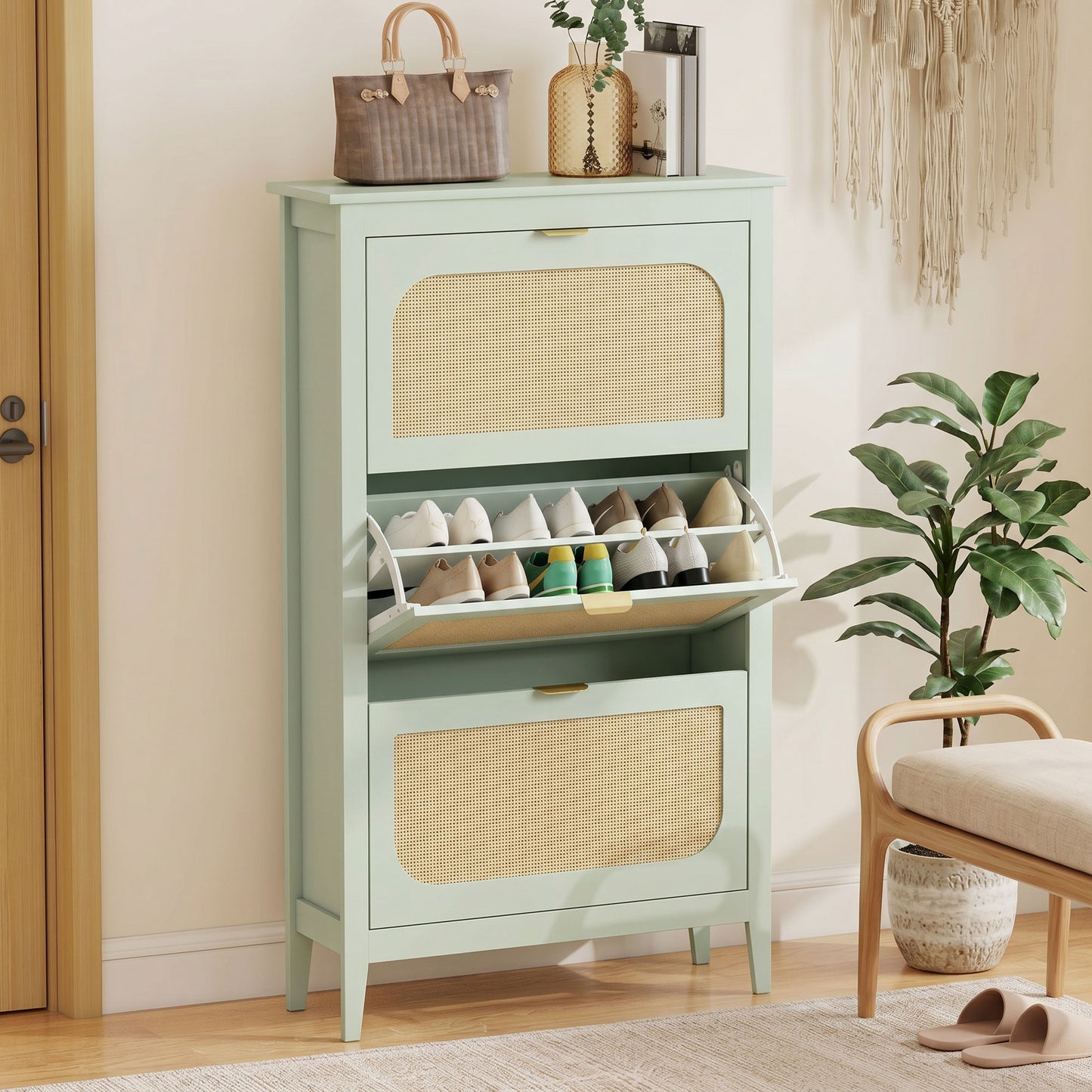 Narrow Shoe Cabinet, Boho Slim Shoe Storage Cabinet with 3 Flip Drawers, Holds 21 Pairs, Light Green