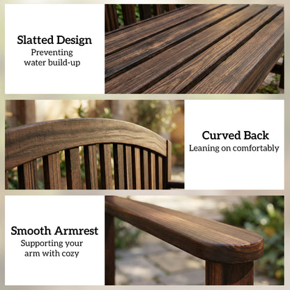 2 Seater Wooden Garden Bench with Armrest, Outdoor Furniture Chair for Park, Balcony, Carbonised Finish