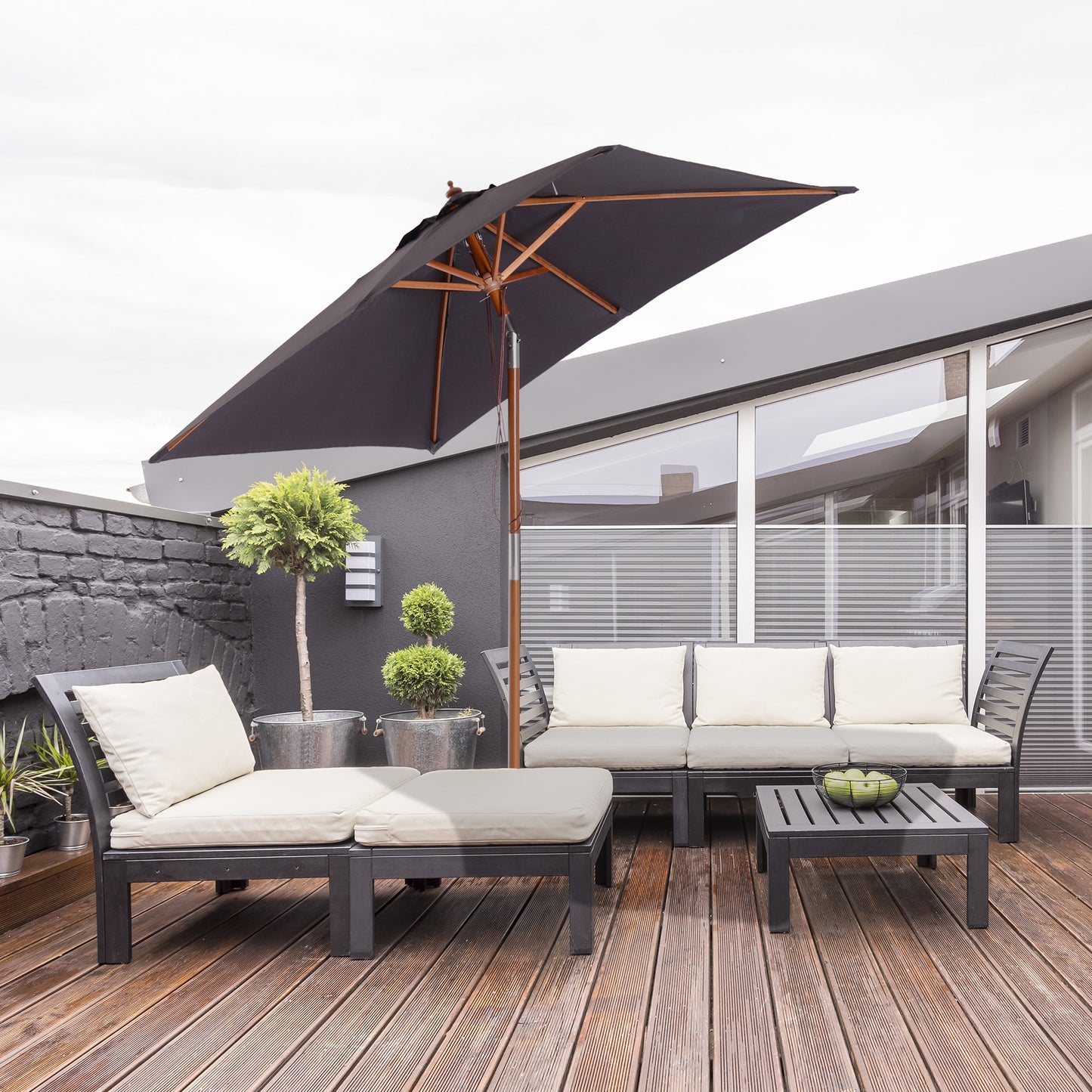 2m x 1.5m Garden Parasol Umbrella with Tilting Sunshade Canopy, Outdoor Market Table Umbrella with Wood and Bamboo Frame