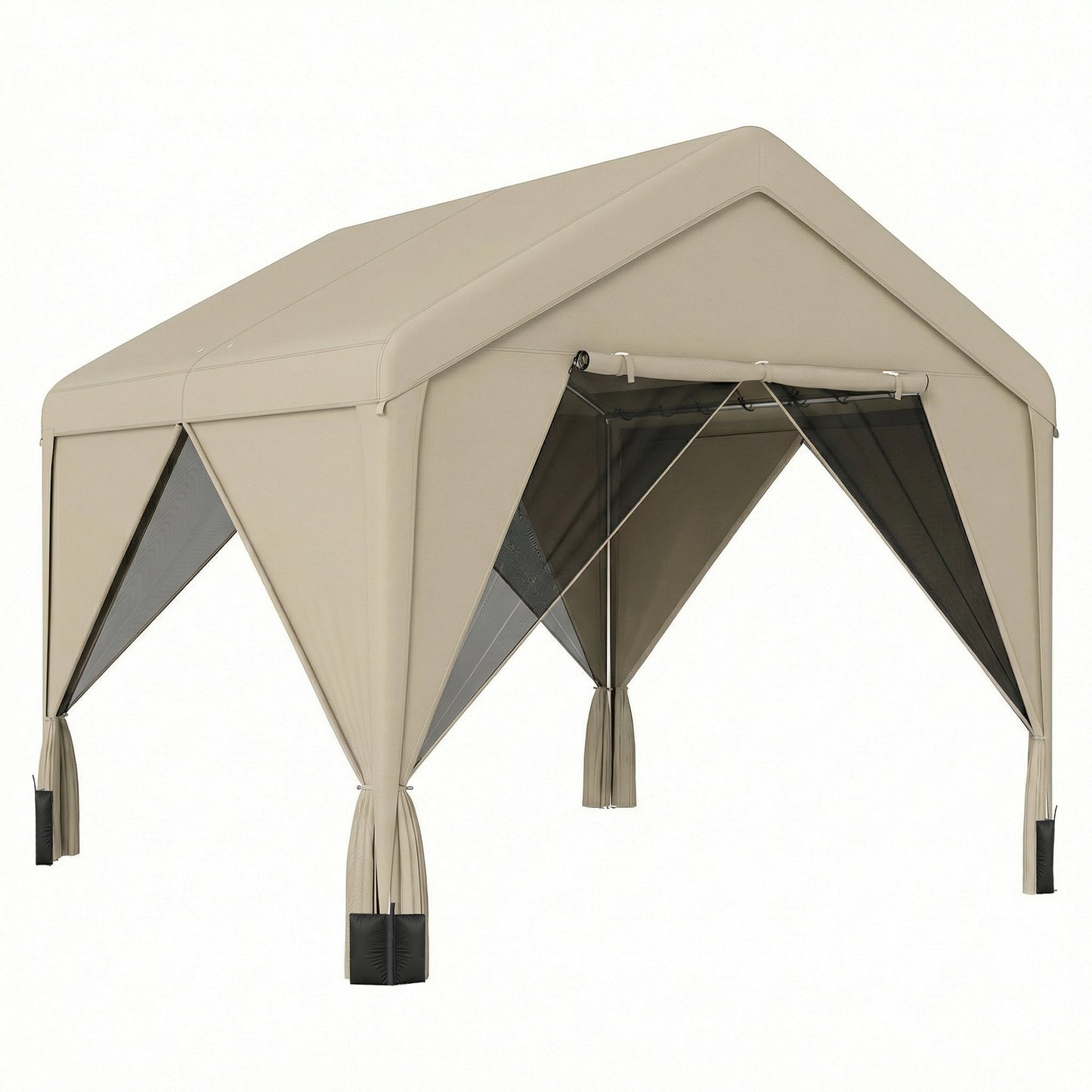 3 x 3 m Patio Gazebo with Netting & Curtains, Outdoor Canopy Shelter with Galvanised Steel Frame, Khaki