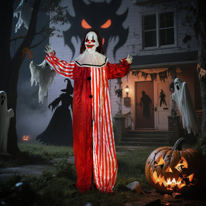 165 cm Life Size Halloween Animated Clown with Red Light Up Eyes, Sound Activated Moving Body