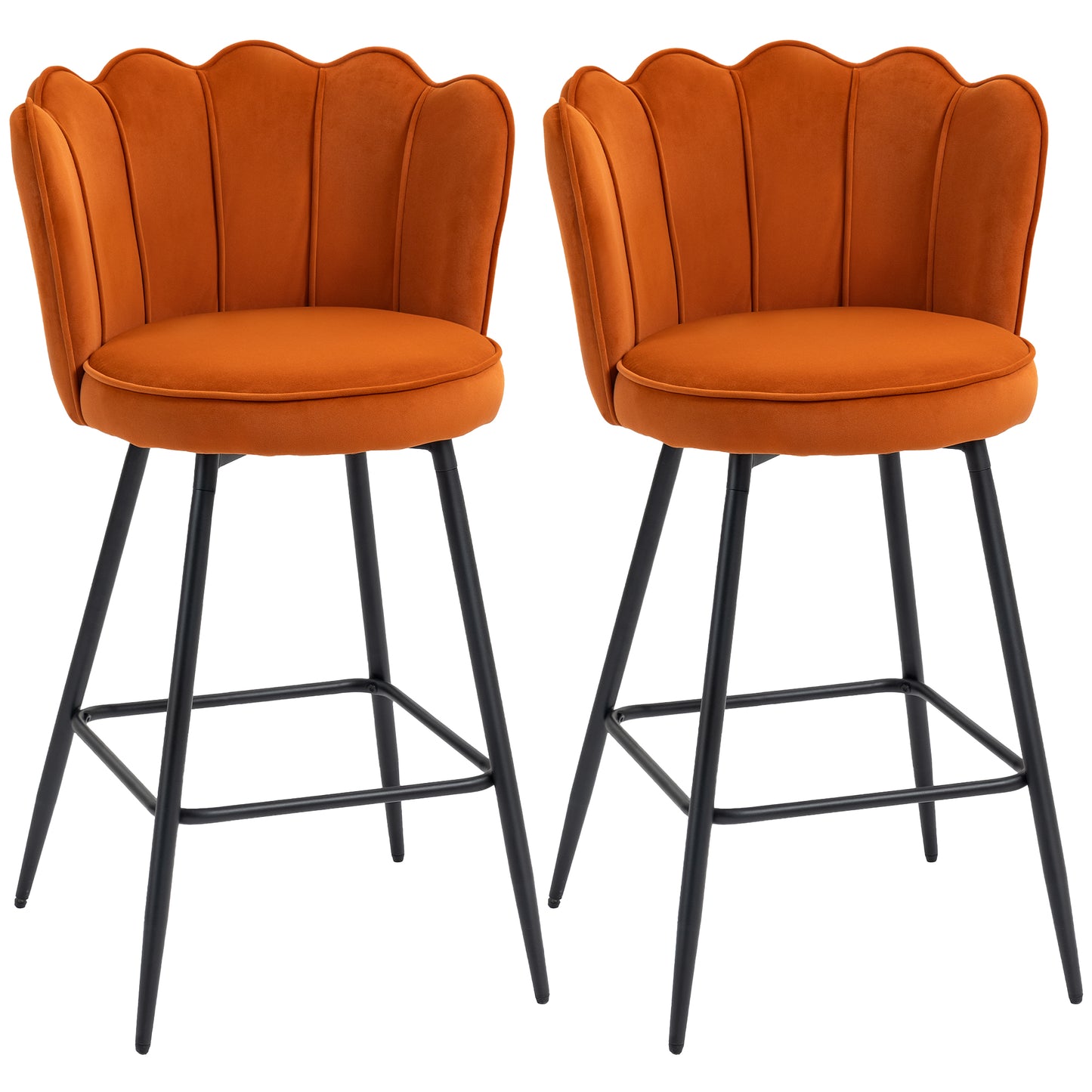 Set of Two Velvet-Feel Lotus Bar Stools - Orange