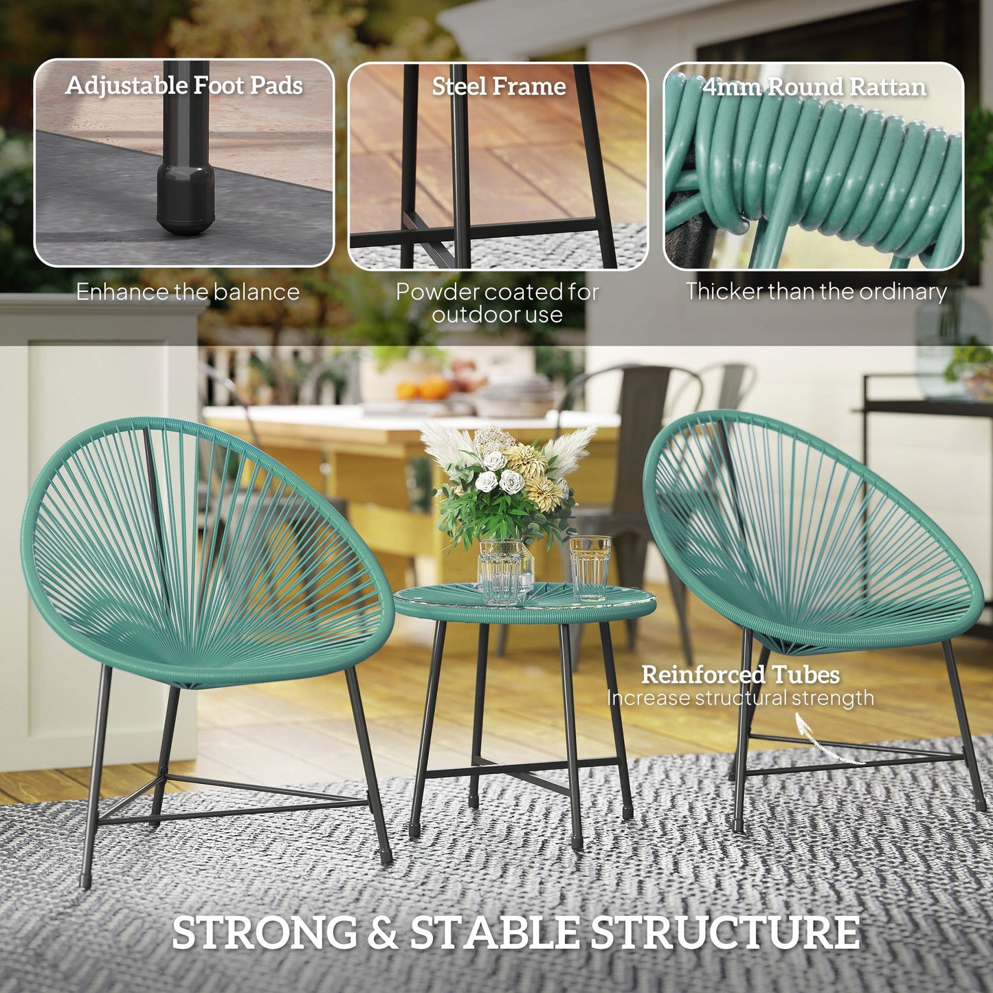 Rattan Bistro Set with Acapulco Chairs and Glass Table, Green