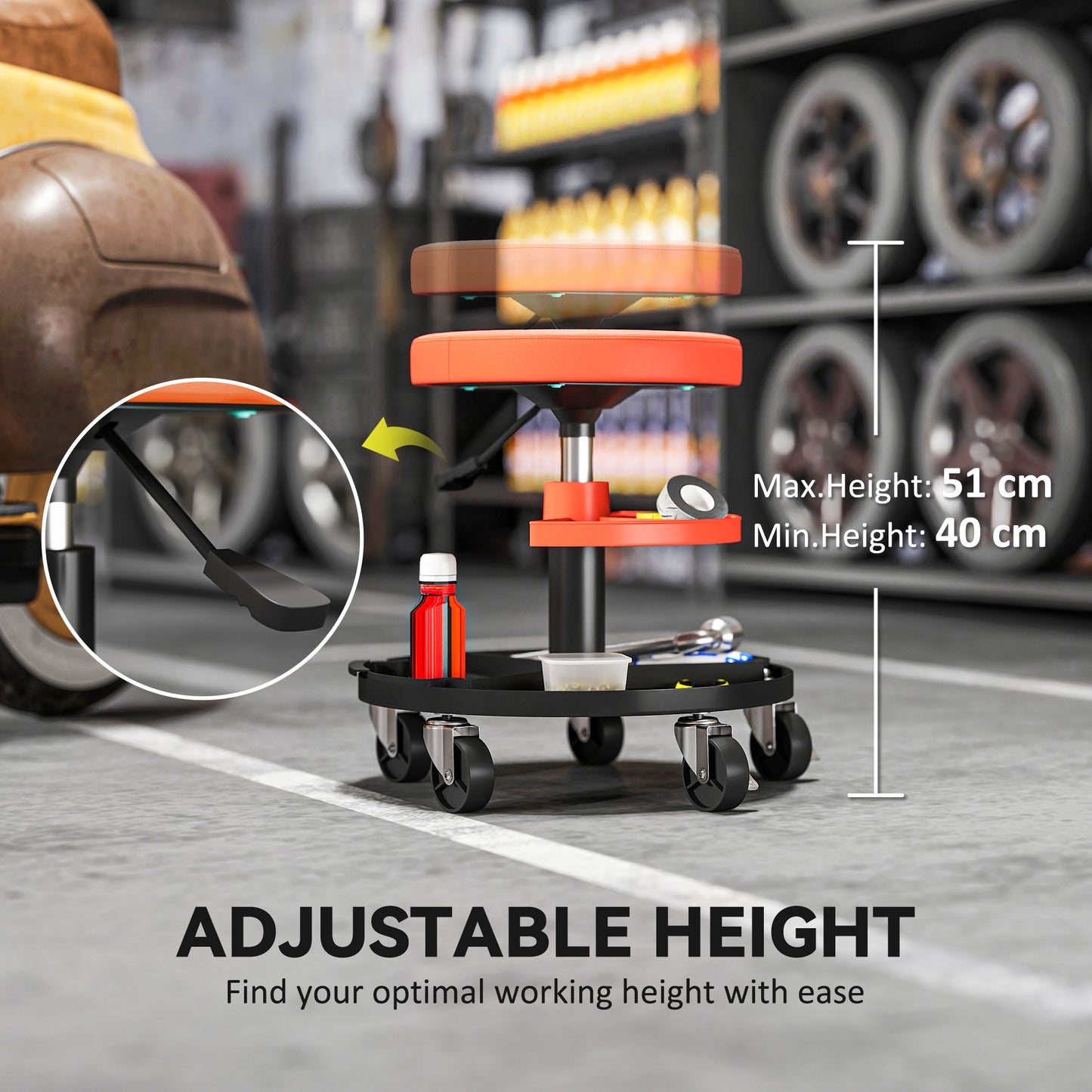 Rolling Mechanic Stool, 135kg Capacity Workshop Stool, 360° Swivel Roller Padded Creeper Seat with Wheels
