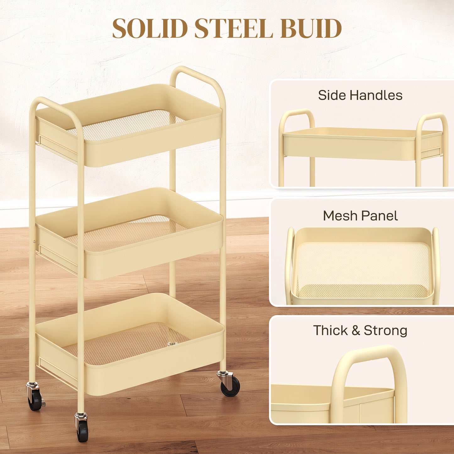 Three-Tier Steel Storage Trolley - Yellow