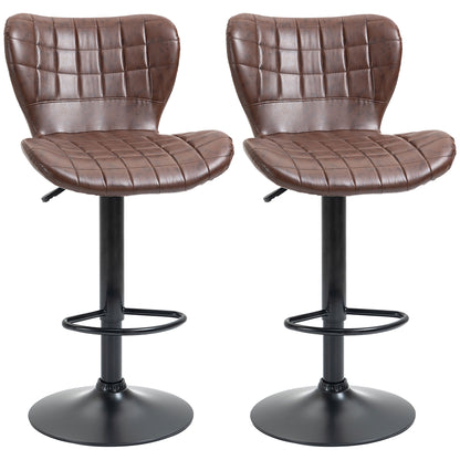 Bar Stools Set of 2 Adjustable Height Swivel Bar Chairs in PU Leather with Backrest & Footrest, Brown