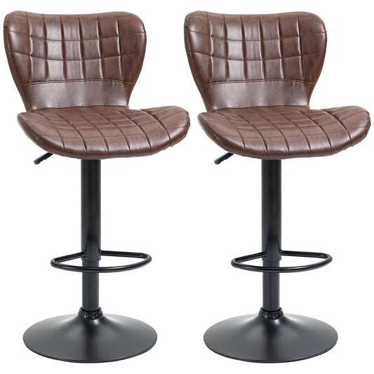 Bar Stools Set of 2 Adjustable Height Swivel Bar Chairs in PU Leather with Backrest & Footrest, Brown