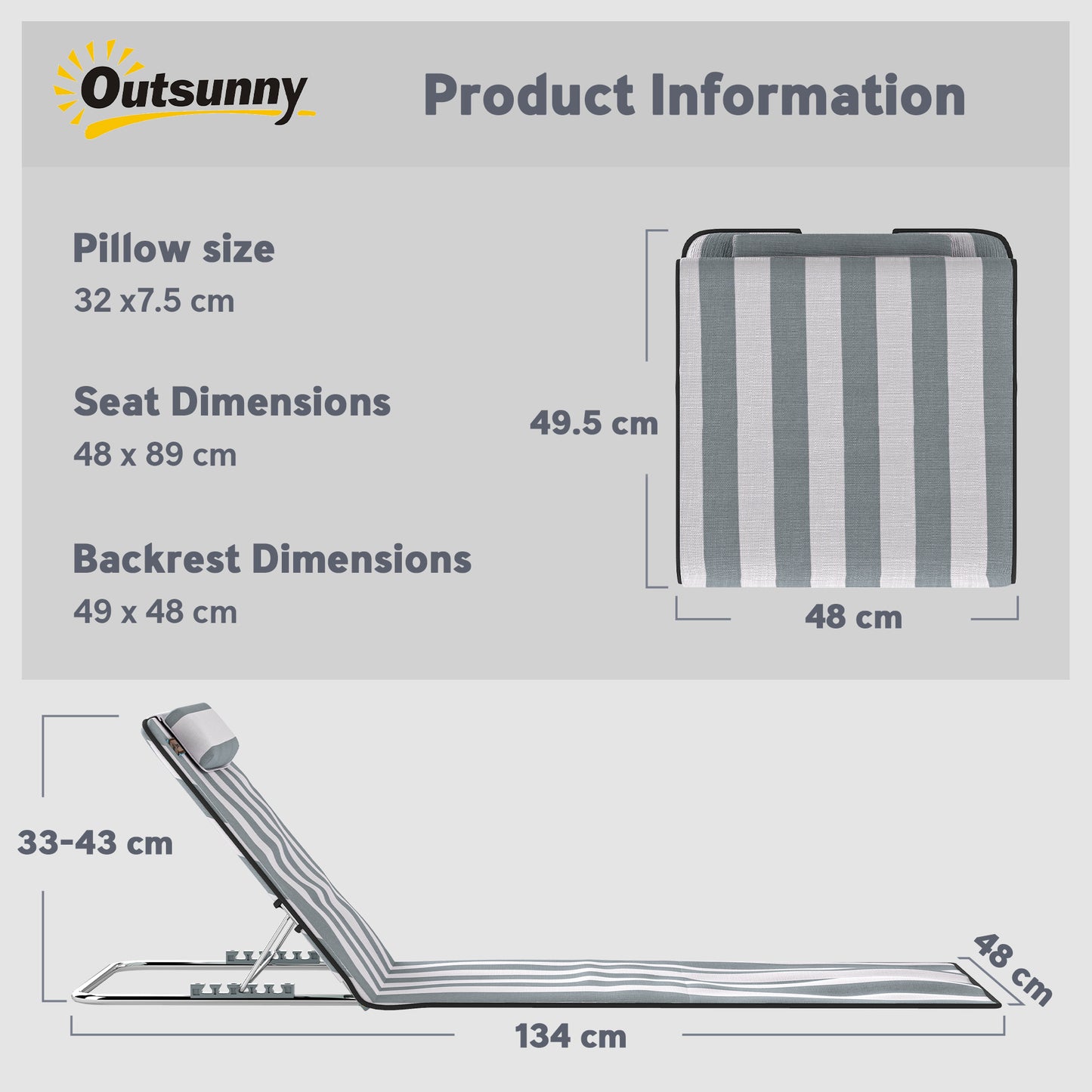 Set of 2 Foldable Garden Beach Chair Mat Lightweight Outdoor Sun Lounger Seats Adjustable Back Metal Frame PE Fabric Head Pil
