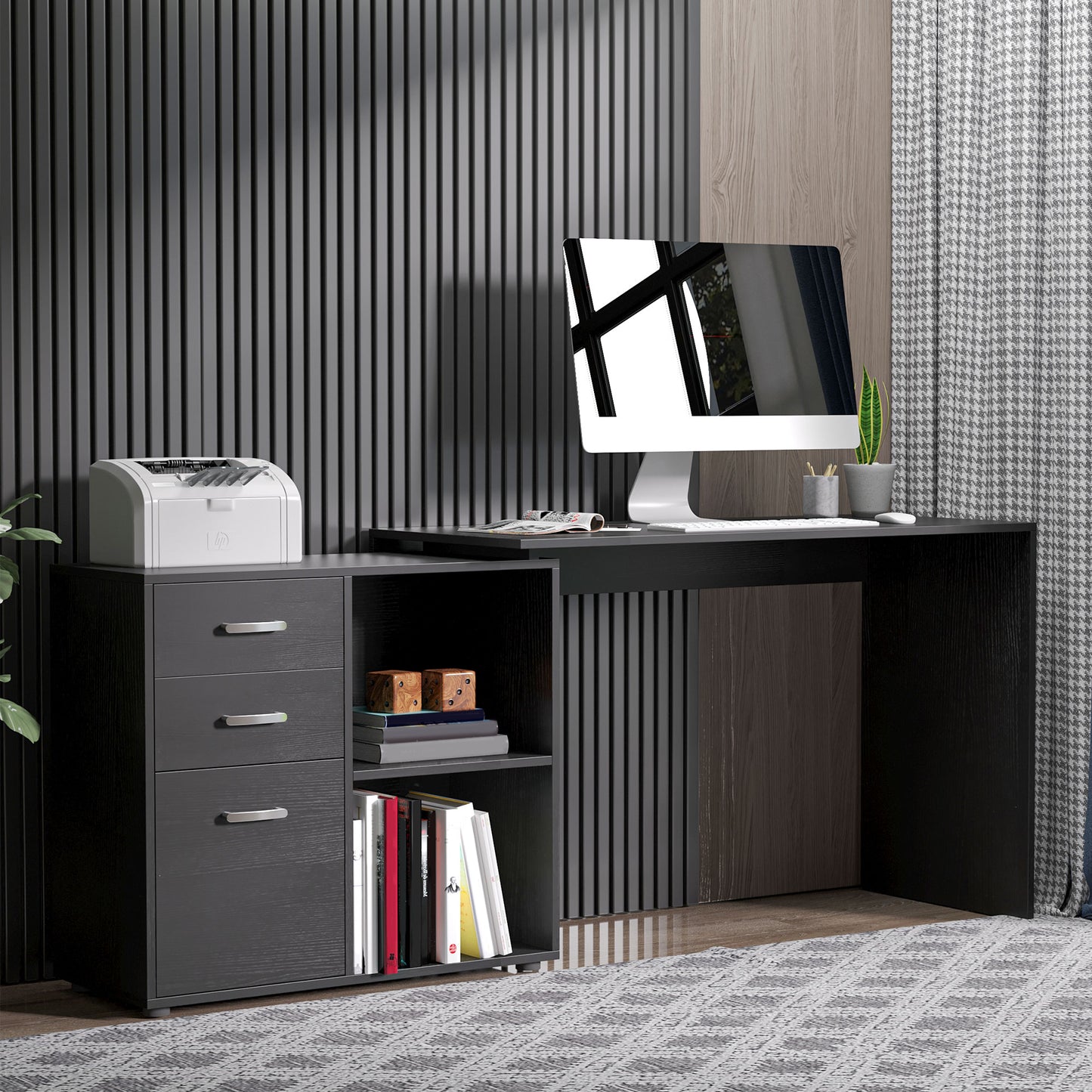 L Shaped Computer Desk, Reversible Home Office Desk with Drawers, File Cabinet and Storage Shelves, Study Table