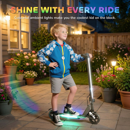 Folding Electric Scooter for Kids, with Dual Brakes, Front Suspension, LED Colourful Lights, Black