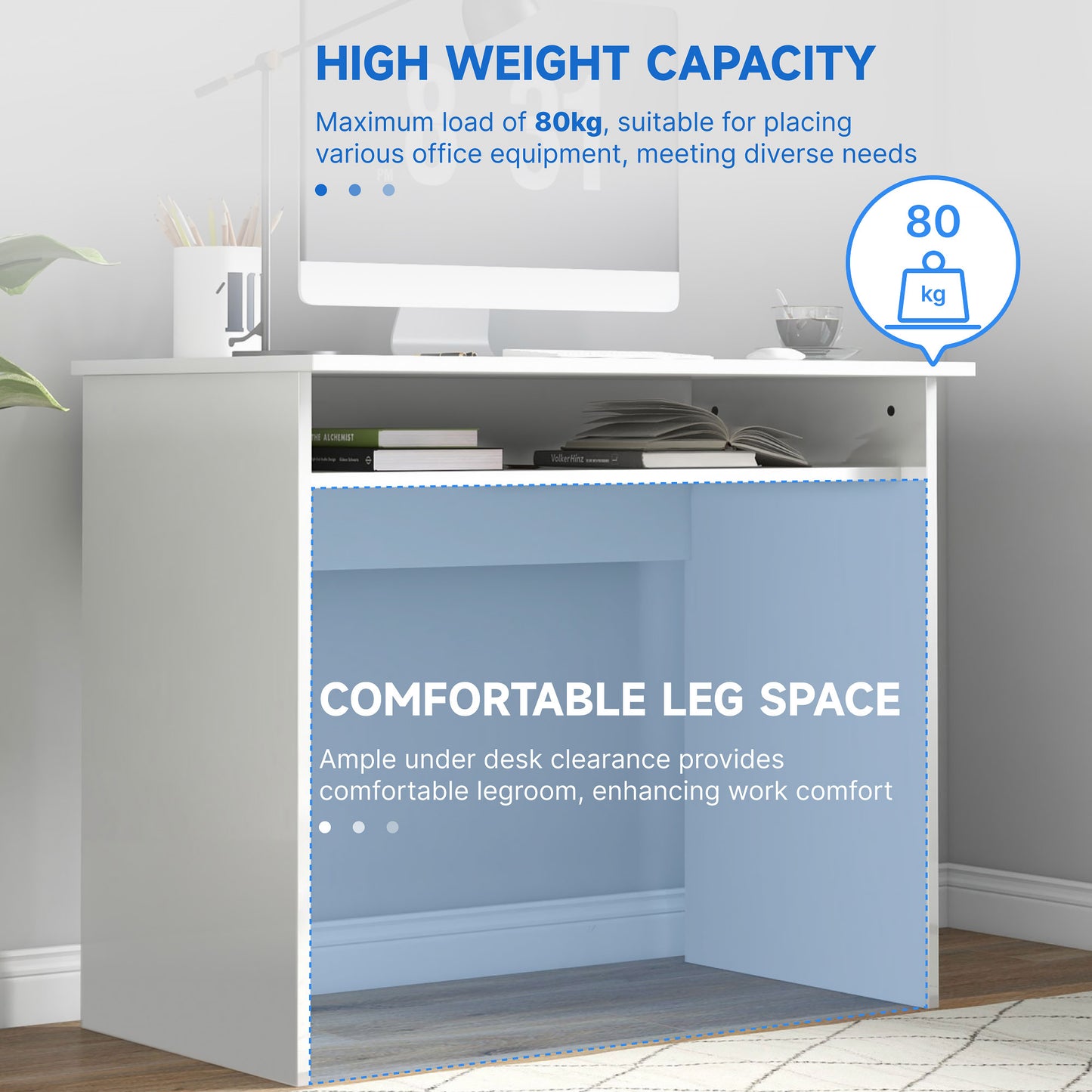 90 x 50cm Computer Table, Modern Home Office Desk, Small Writing Desk with Storage Shelf, High Gloss White