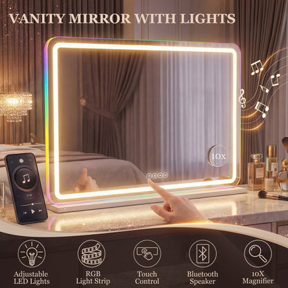 Vanity Mirror with Lights, Dimmable Makeup Mirror with Adjustable Colour Temperature, RGB Light, Bluetooth Speaker White