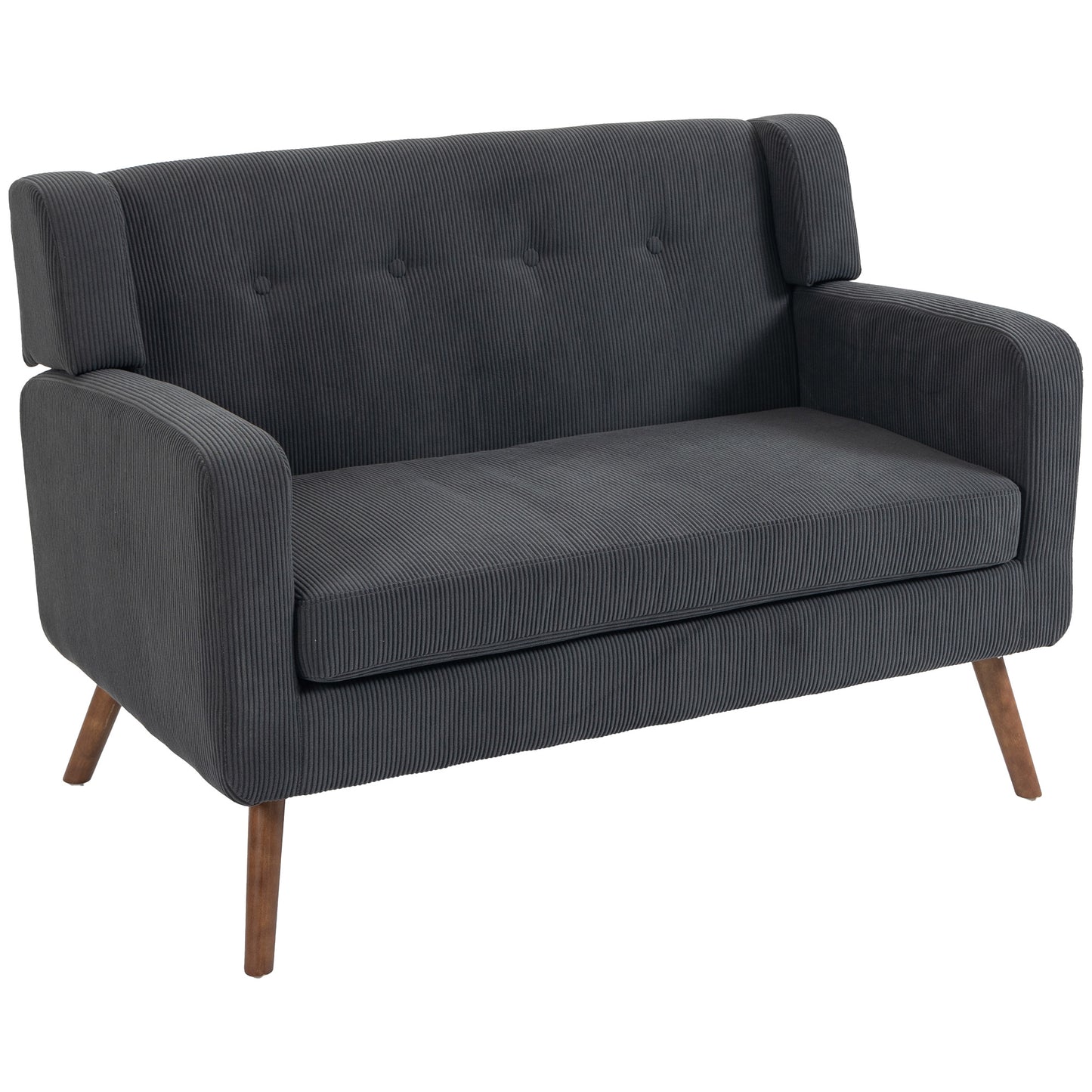 2 Seater Sofa, 118 cm Corduroy Small Loveseat with Spring Cushion, Wood Legs for Small Space, Living Room, Dark Grey