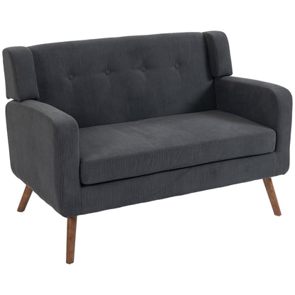 2 Seater Sofa, 118 cm Corduroy Small Loveseat with Spring Cushion, Wood Legs for Small Space, Living Room, Dark Grey