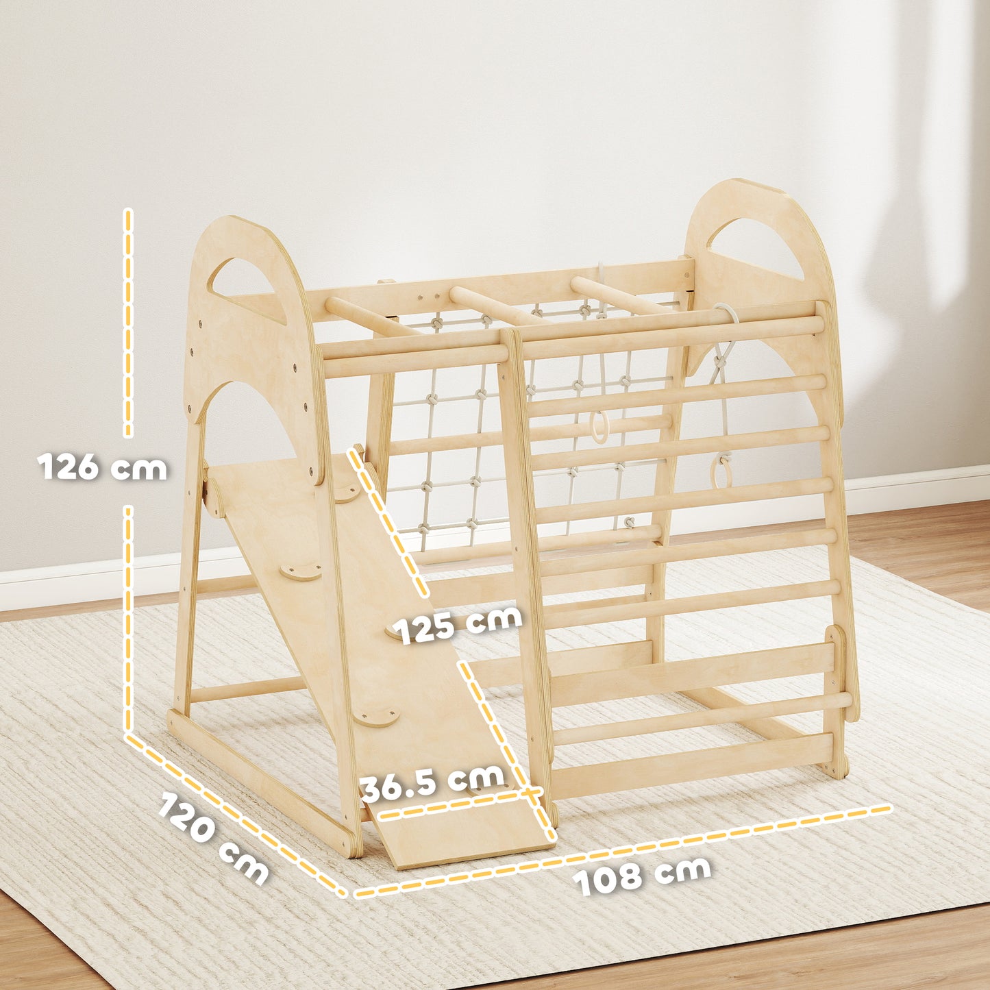 6 in 1 Kids Climbing Frame with Slide, Monkey Bars, Gymnastics Rings, Ladder, Climbing Net, for 3-6 Years, Natural Tone