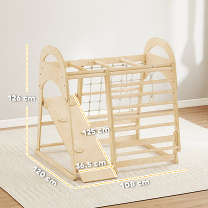 6 in 1 Kids Climbing Frame with Slide, Monkey Bars, Gymnastics Rings, Ladder, Climbing Net, for 3-6 Years, Natural Tone
