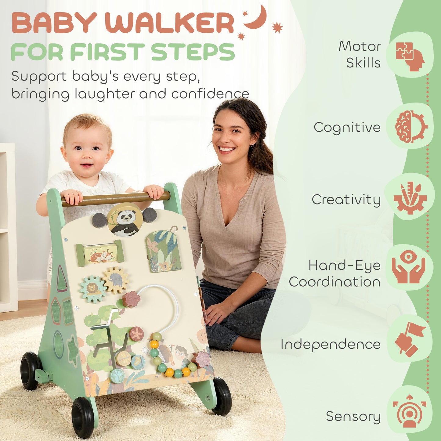 Wooden Baby Walker, Push Along Walker Toys with Speed Control, Xylophone, gears and Bead Maze, Green
