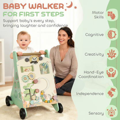 Wooden Baby Walker, Push Along Walker Toys with Speed Control, Xylophone, gears and Bead Maze, Green