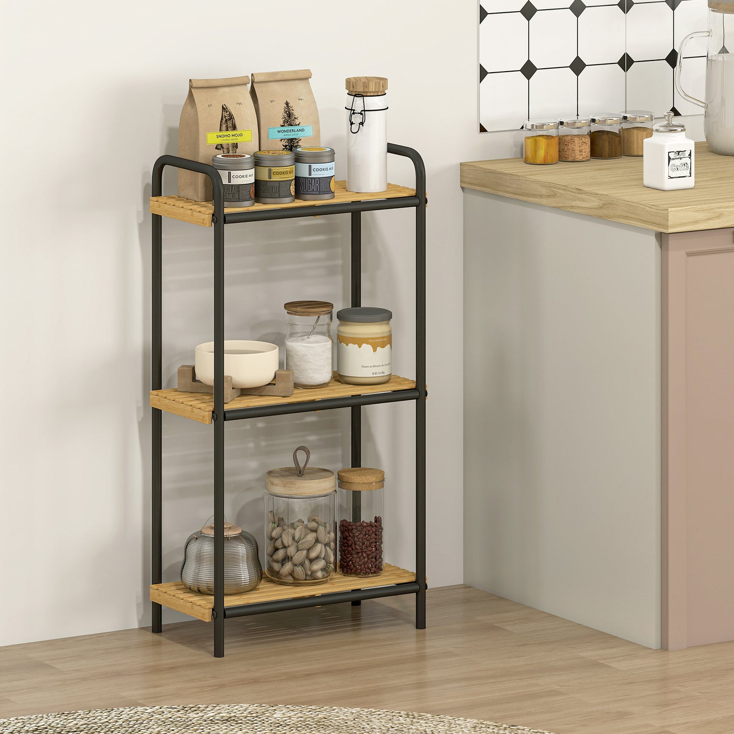 3-Tier Bamboo Bathroom Storage Shelf, Freestanding Narrow Shelving Unit with Slatted Shelves for Kitchen Bathroom Living Room