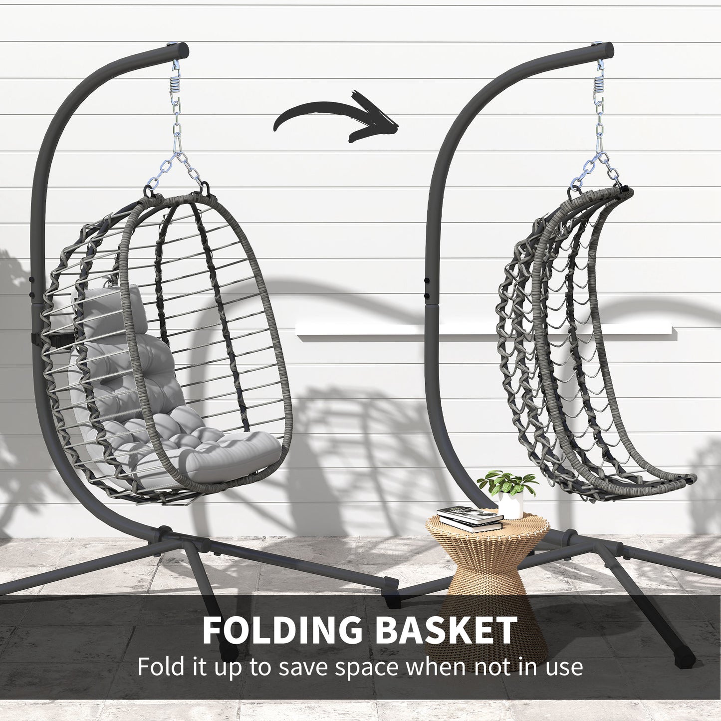 Rattan Hanging Egg Chair, Foldable Wicker Hammock Swing Chair with Cushion, Stand, Adjustable Height, Head Pillow