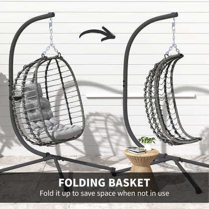 Rattan Hanging Egg Chair, Foldable Wicker Hammock Swing Chair with Cushion, Stand, Adjustable Height, Head Pillow
