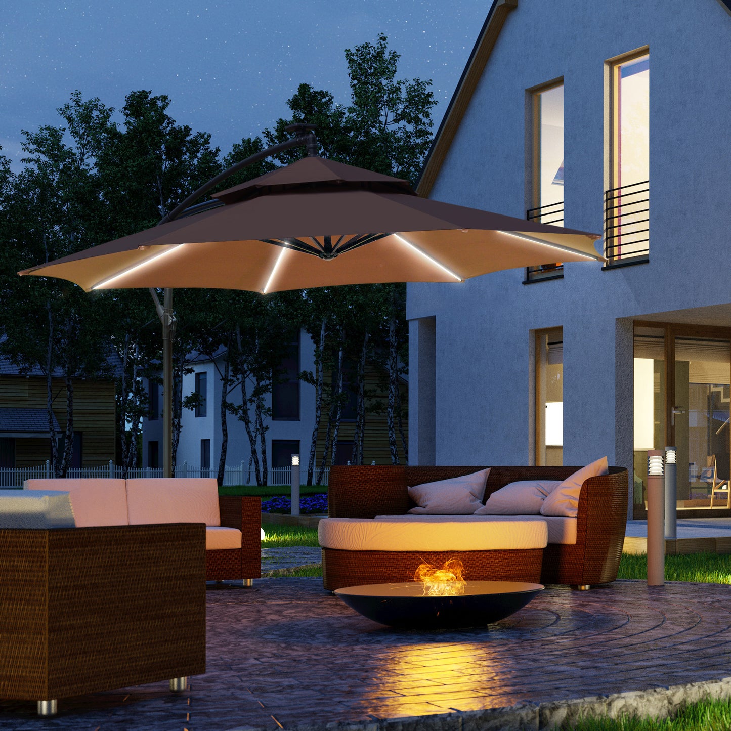 3(m) Cantilever Banana Parasol Hanging Umbrella with Double Roof, LED Solar lights, Crank