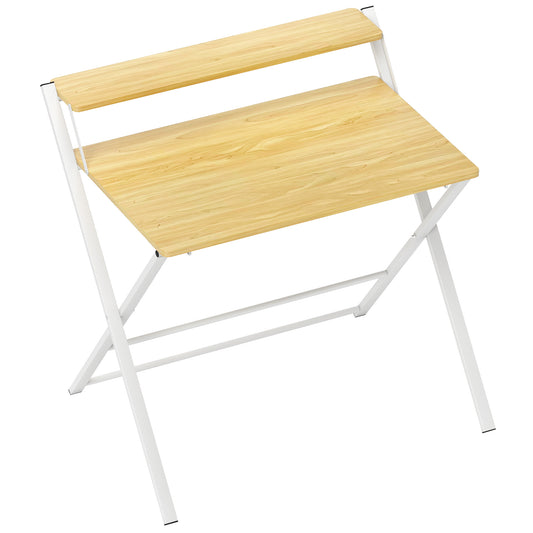 Compact Folding Desk for Small Spaces, Foldable Computer Desk with Storage Shelf for Home Office, 2-Tier Study Writing Table
